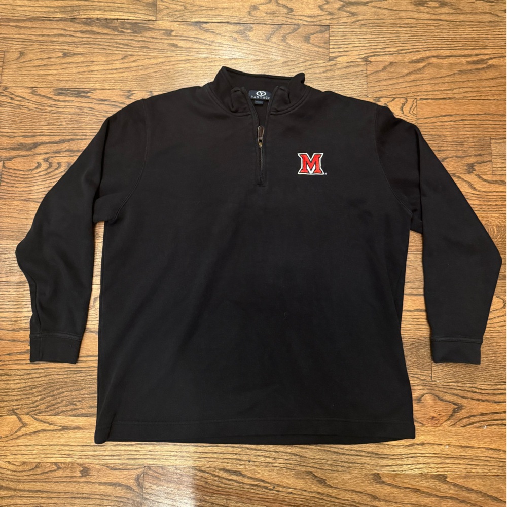 Men’s Miami U Black Vantage Quarter-Zip Sweatshirt with Red “M” Logo, Size XL